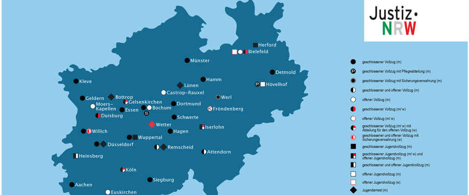NRW Karte mit den Justizvollzugseinrichtungen.